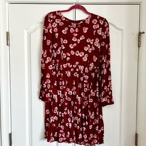 Seraphine Burgundy Floral Long-Sleeve Maternity & Nursing Dress with Pink Blooms
